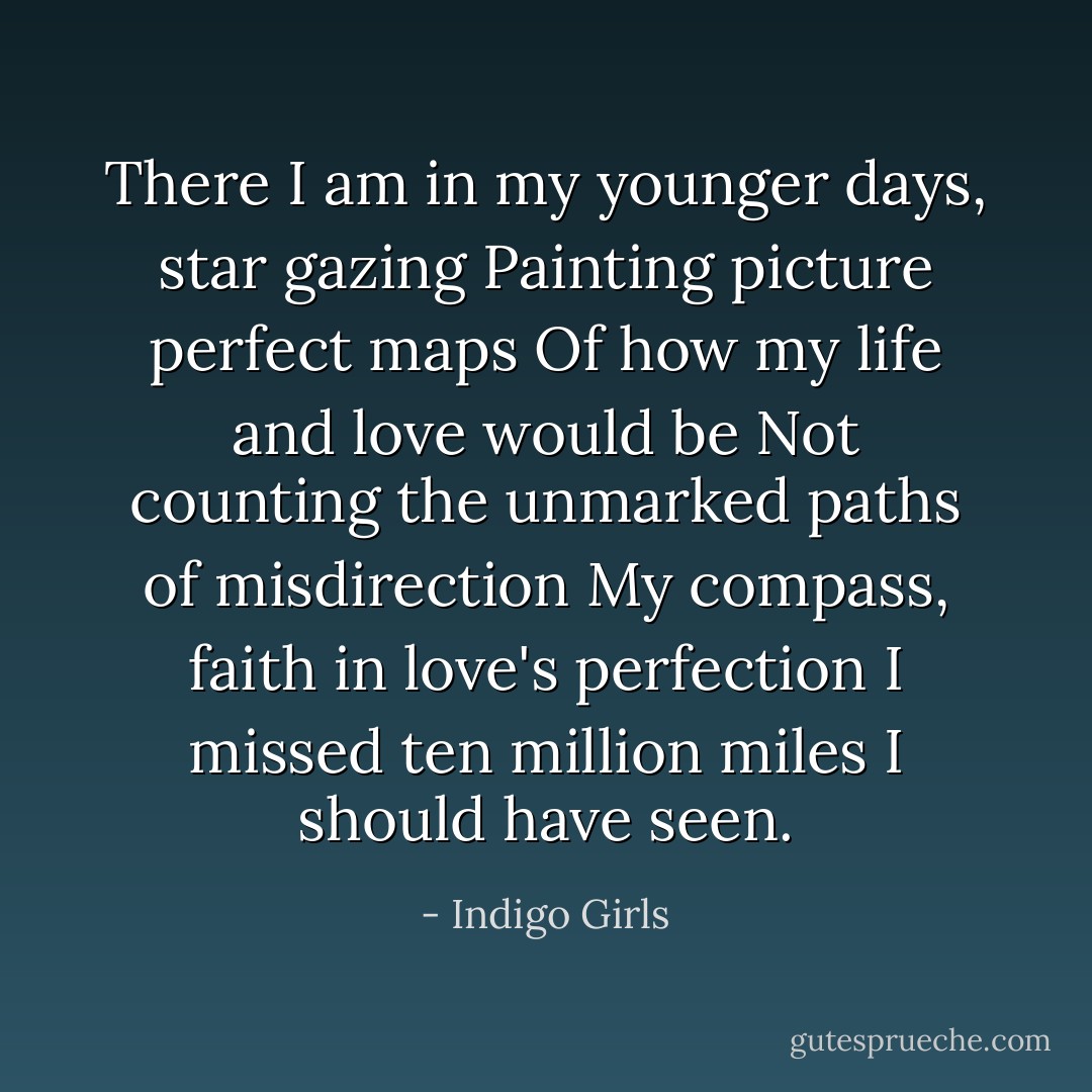 There I am in my younger days, star gazing<br />Painting picture perfect maps<br />Of how my life and love would be<br />Not counting the unmarked paths of misdirection<br />My compass, faith in love's perfection<br />I missed ten million miles I should have seen. - Indigo Girls