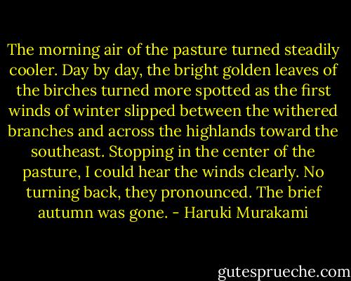The morning air of the pasture turned steadily cooler. Day by day, the bright golden leaves of the birches turned more spotted as the first winds of winter slipped between the withered branches and across the highlands toward the southeast. Stopping in the center of the pasture, I could hear the winds clearly. No turning back, they pronounced. The brief autumn was gone. - Haruki Murakami