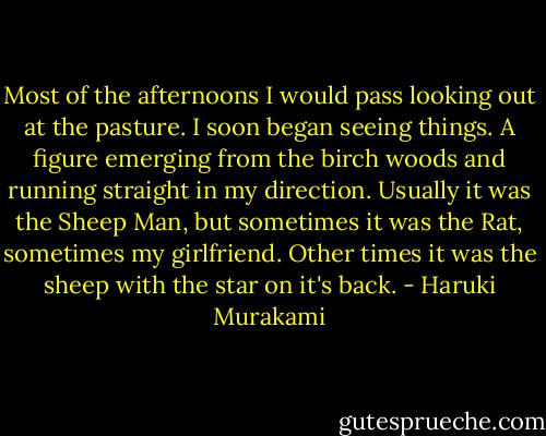 Most of the afternoons I would pass looking out at the pasture. I soon began seeing things. A figure emerging from the birch woods and running straight in my direction. Usually it was the Sheep Man, but sometimes it was the Rat, sometimes my girlfriend. Other times it was the sheep with the star on it's back. - Haruki Murakami
