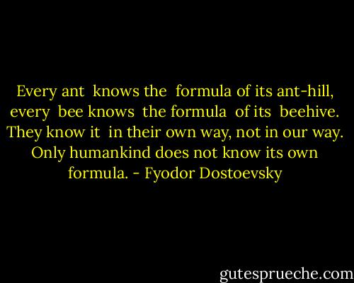 Every ant  knows the  formula of its ant-hill,<br />every  bee knows  the formula  of its  beehive.<br />They know it  in their own way, not in our way.<br />Only humankind does not know its own formula. - Fyodor Dostoevsky