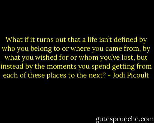 What if it turns out that a life isn’t defined by who you belong to or where you came from, by what you wished for or whom you’ve lost, but instead by the moments you spend getting from each of these places to the next? - Jodi Picoult