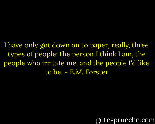 I have only got down on to paper, really, three types of people: the person I think I am, the people who irritate me, and the people I'd like to be. - E.M. Forster