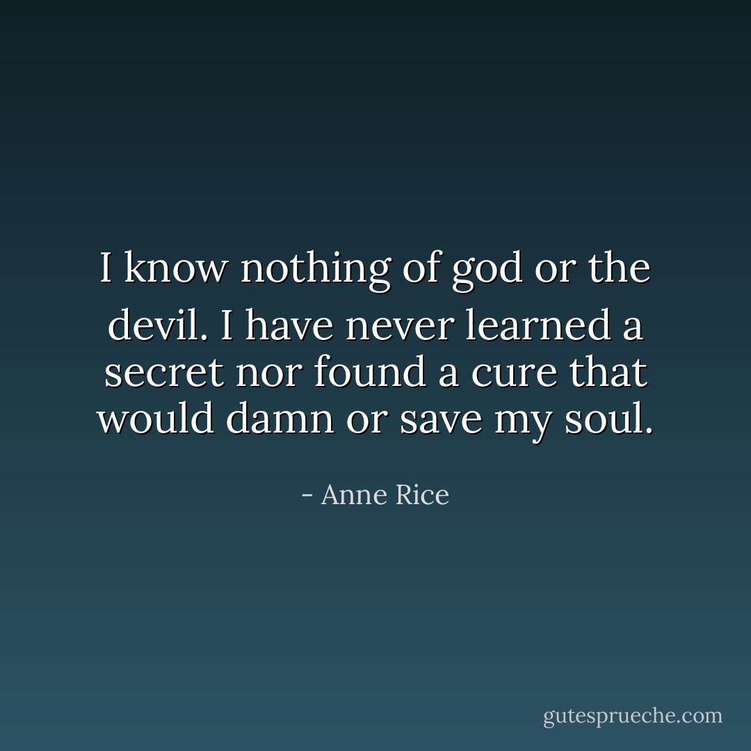 I know nothing of god or the devil. I have never learned a secret nor found a cure that would damn or save my soul. - Anne Rice