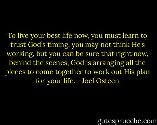 To live your best life now, you must learn to trust God’s timing, you may not think He’s working, but you can be sure that right now, behind the scenes, God is arranging all the pieces to come together to work out His plan for your life. - Joel Osteen