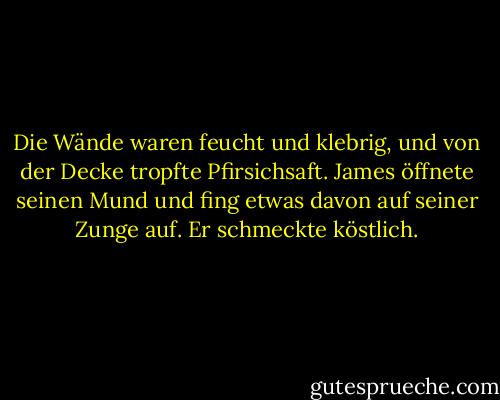 Die Wände waren feucht und klebrig, und von der Decke tropfte Pfirsichsaft. James öffnete seinen Mund und fing etwas davon auf seiner Zunge auf. Er schmeckte köstlich. - Roald Dahl<