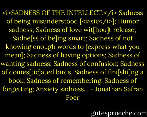 <i>SADNESS OF THE INTELLECT:</i> Sadness of being misunderstood [<i>sic</i>]; Humor sadness; Sadness of love wit[hou]t release; Sadne[ss of be]ing smart; Sadness of not knowing enough words to [express what you mean]; Sadness of having options; Sadness of wanting sadness; Sadness of confusion; Sadness of domes[tic]ated birds, Sadness of fini[shi]ng a book; Sadness of remembering; Sadness of forgetting; Anxiety sadness... - Jonathan Safran Foer