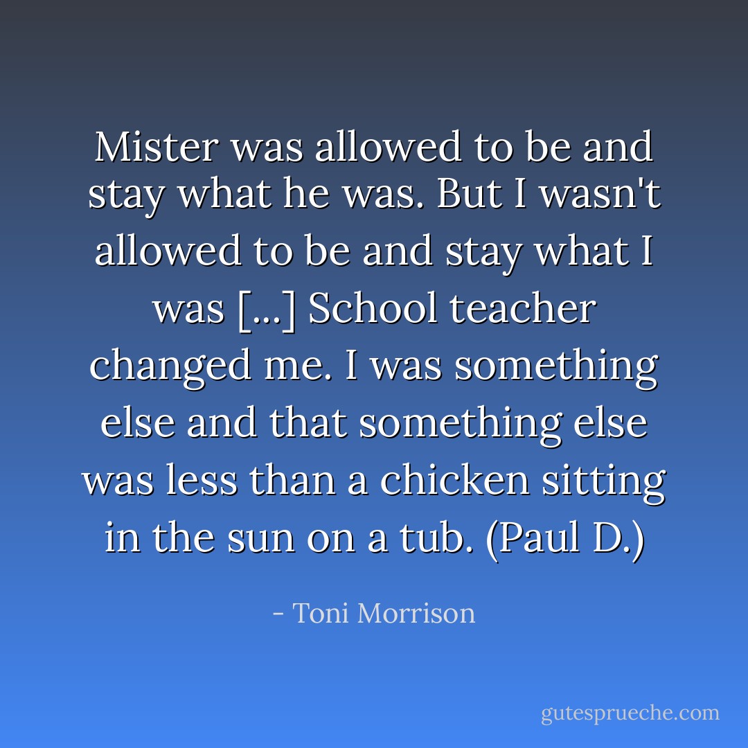 Mister was allowed to be and stay what he was. But I wasn't allowed to be and stay what I was [...] School teacher changed me. I was something else and that something else was less than a chicken sitting in the sun on a tub. (Paul D.) - Toni Morrison