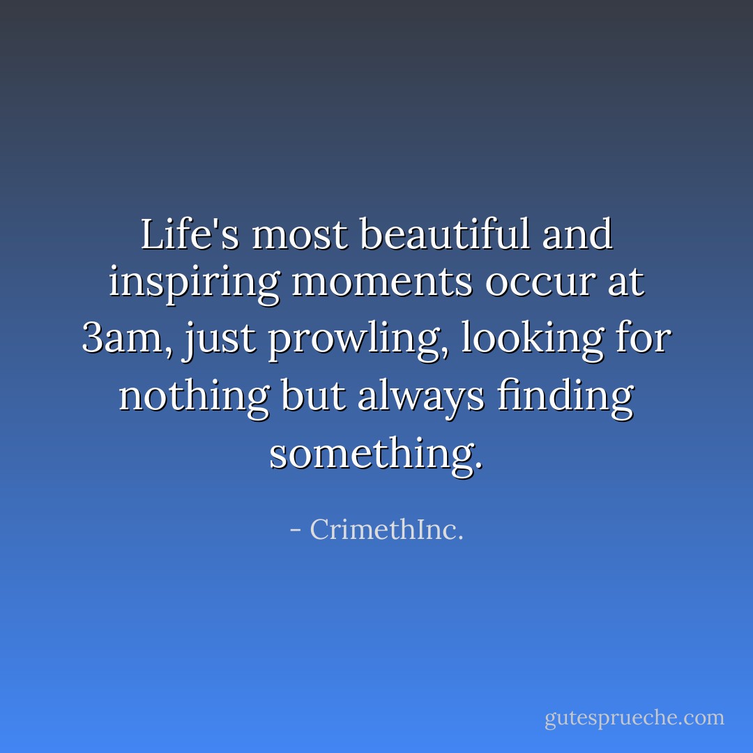 Life's most beautiful and inspiring moments occur at 3am, just prowling, looking for nothing but always finding something. - CrimethInc.
