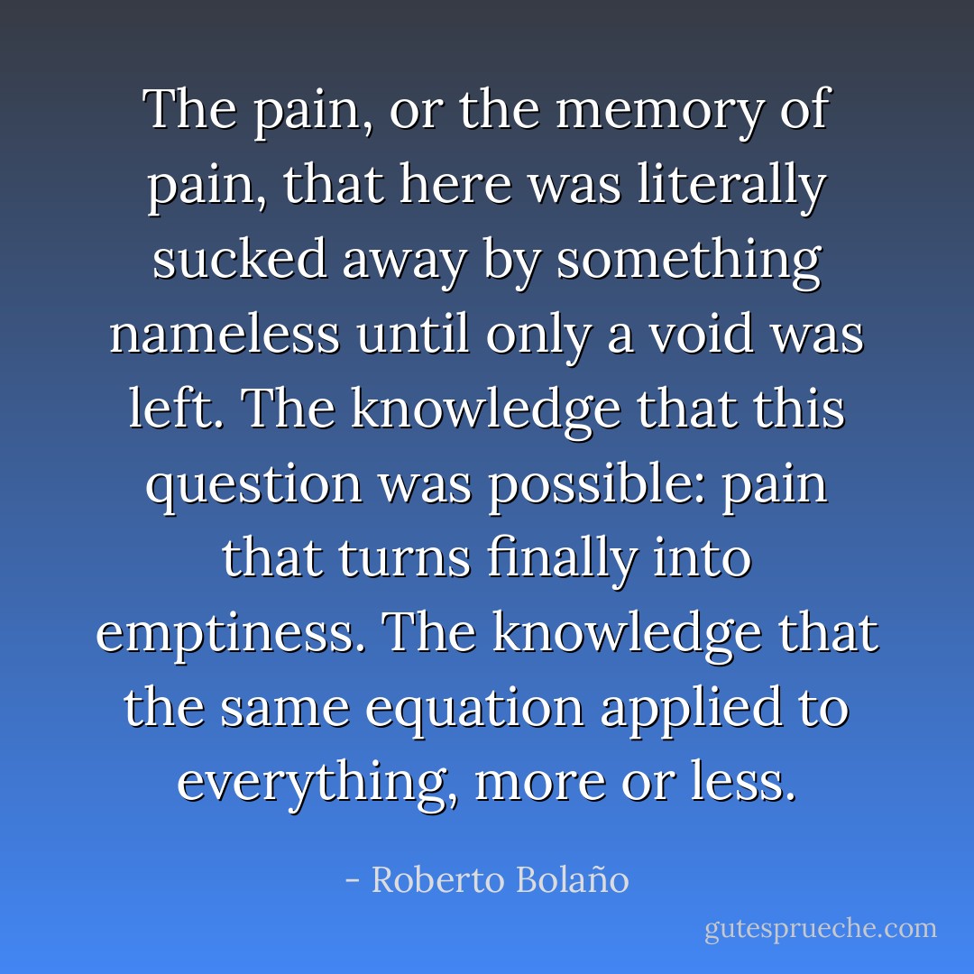 The pain, or the memory of pain, that here was literally sucked away by something nameless until only a void was left. The knowledge that this question was possible: pain that turns finally into emptiness. The knowledge that the same equation applied to everything, more or less. - Roberto Bolaño