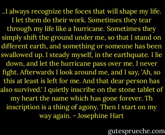 ..I always recognize the foces that will shape my life. I let them do their work. Sometimes they tear through my life like a hurricane. Sometimes they simply shift the ground under me, so that I stand on different earth, and something or someone has been swallowed up. I steady myself, in the earthquate. I lie down, and let the hurricane pass over me. I never fight. Afterwards I look around me, and I say, 'Ah, so this at least is left for me. And that dear person has also survived.' I quietly inscribe on the stone tablet of my heart the name which has gone forever. Th inscription is a thing of agony. Then I start on my way again. - Josephine Hart