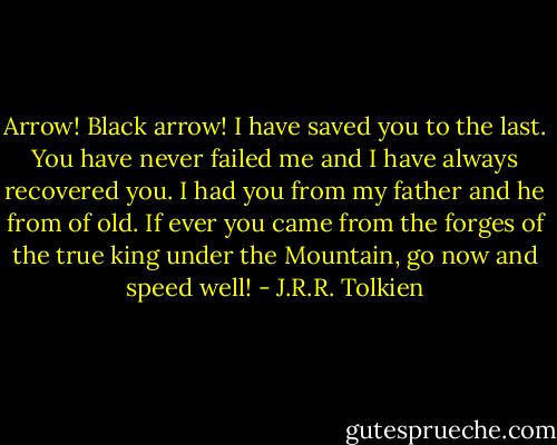 Arrow! Black arrow! I have saved you to the last. You have never failed me and I have always recovered you. I had you from my father and he from of old. If ever you came from the forges of the true king under the Mountain, go now and speed well! - J.R.R. Tolkien