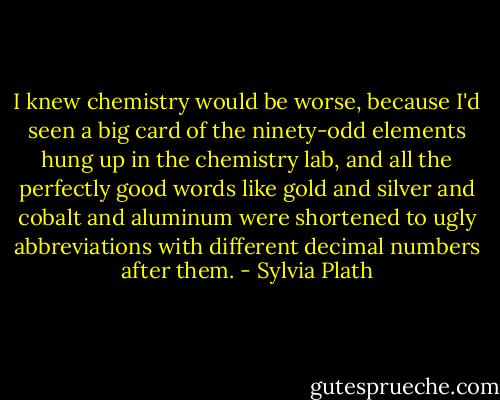 I knew chemistry would be worse, because I'd seen a big card of the ninety-odd elements hung up in the chemistry lab, and all the perfectly good words like gold and silver and cobalt and aluminum were shortened to ugly abbreviations with different decimal numbers after them. - Sylvia Plath