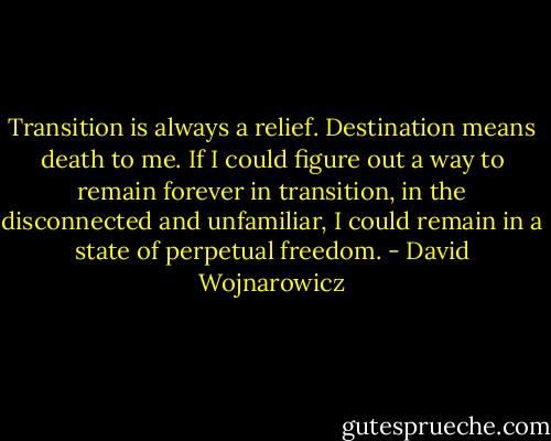 Transition is always a relief. Destination means death to me. If I could figure out a way to remain forever in transition, in the disconnected and unfamiliar, I could remain in a state of perpetual freedom. - David Wojnarowicz