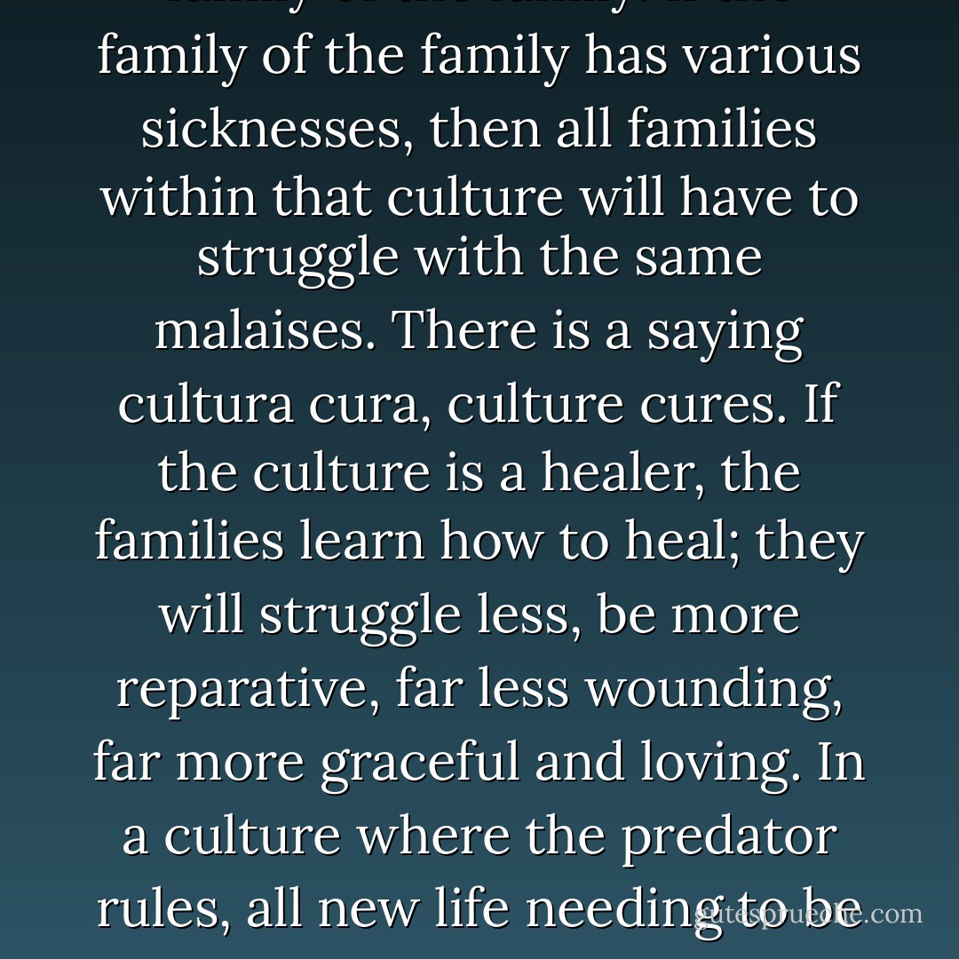While much psychology emphasizes the familial causes of angst in humans, the cultural component carries as much weight, for culture is the family of the family. If the family of the family has various sicknesses, then all families within that culture will have to struggle with the same malaises. There is a saying cultura cura, culture cures. If the culture is a healer, the families learn how to heal; they will struggle less, be more reparative, far less wounding, far more graceful and loving. In a culture where the predator rules, all new life needing to be born, all old life needing to be gone, is unable to move and the soul-lives of its citizenry are frozen with both fear and spiritual famine. - Clarissa Pinkola Estés
