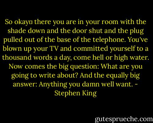 So okay― there you are in your room with the shade down and the door shut and the plug pulled out of the base of the telephone. You've blown up your TV and committed yourself to a thousand words a day, come hell or high water. Now comes the big question: What are you going to write about? And the equally big answer: Anything you damn well want. - Stephen King