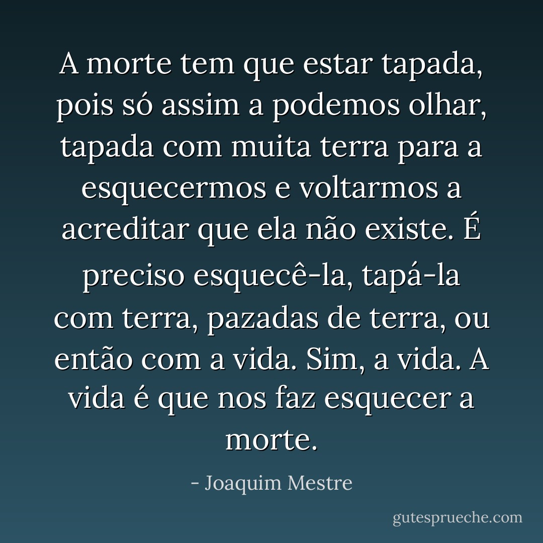 A morte tem que estar tapada, pois só assim a podemos olhar, tapada com muita terra para a esquecermos e voltarmos a acreditar que ela não existe. É preciso esquecê-la, tapá-la com terra, pazadas de terra, ou então com a vida. Sim, a vida. A vida é que nos faz esquecer a morte. - Joaquim Mestre