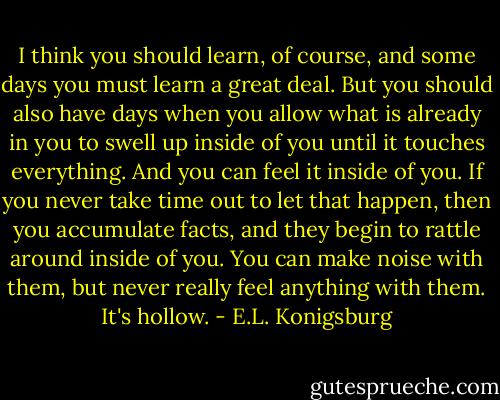 I think you should learn, of course, and some days you must learn a great deal. But you should also have days when you allow what is already in you to swell up inside of you until it touches everything. And you can feel it inside of you. If you never take time out to let that happen, then you accumulate facts, and they begin to rattle around inside of you. You can make noise with them, but never really feel anything with them. It's hollow. - E.L. Konigsburg