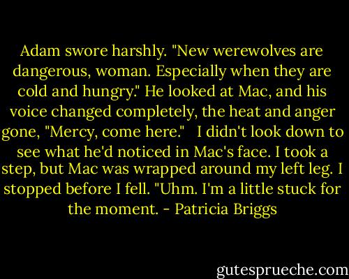 Adam swore harshly. "New werewolves are dangerous, woman. Especially when they are cold and hungry." He looked at Mac, and his voice changed completely, the heat and anger gone, "Mercy, come here." <br /><br />I didn't look down to see what he'd noticed in Mac's face. I took a step, but Mac was wrapped around my left leg. I stopped before I fell. "Uhm. I'm a little stuck for the moment. - Patricia Briggs