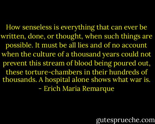 How senseless is everything that can ever be written, done, or thought, when such things are possible. It must be all lies and of no account when the culture of a thousand years could not prevent this stream of blood being poured out, these torture-chambers in their hundreds of thousands. A hospital alone shows what war is. - Erich Maria Remarque