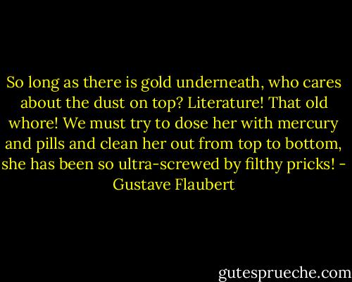 So long as there is gold underneath, who cares about the dust on top? Literature! That old whore! We must try to dose her with mercury and pills and clean her out from top to bottom, she has been so ultra-screwed by filthy pricks! - Gustave Flaubert