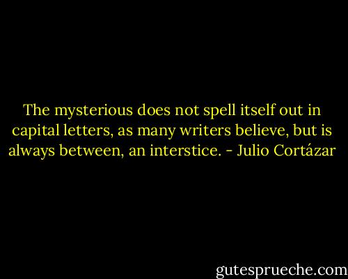 The mysterious does not spell itself out in capital letters, as many writers believe, but is always between, an interstice. - Julio Cortázar