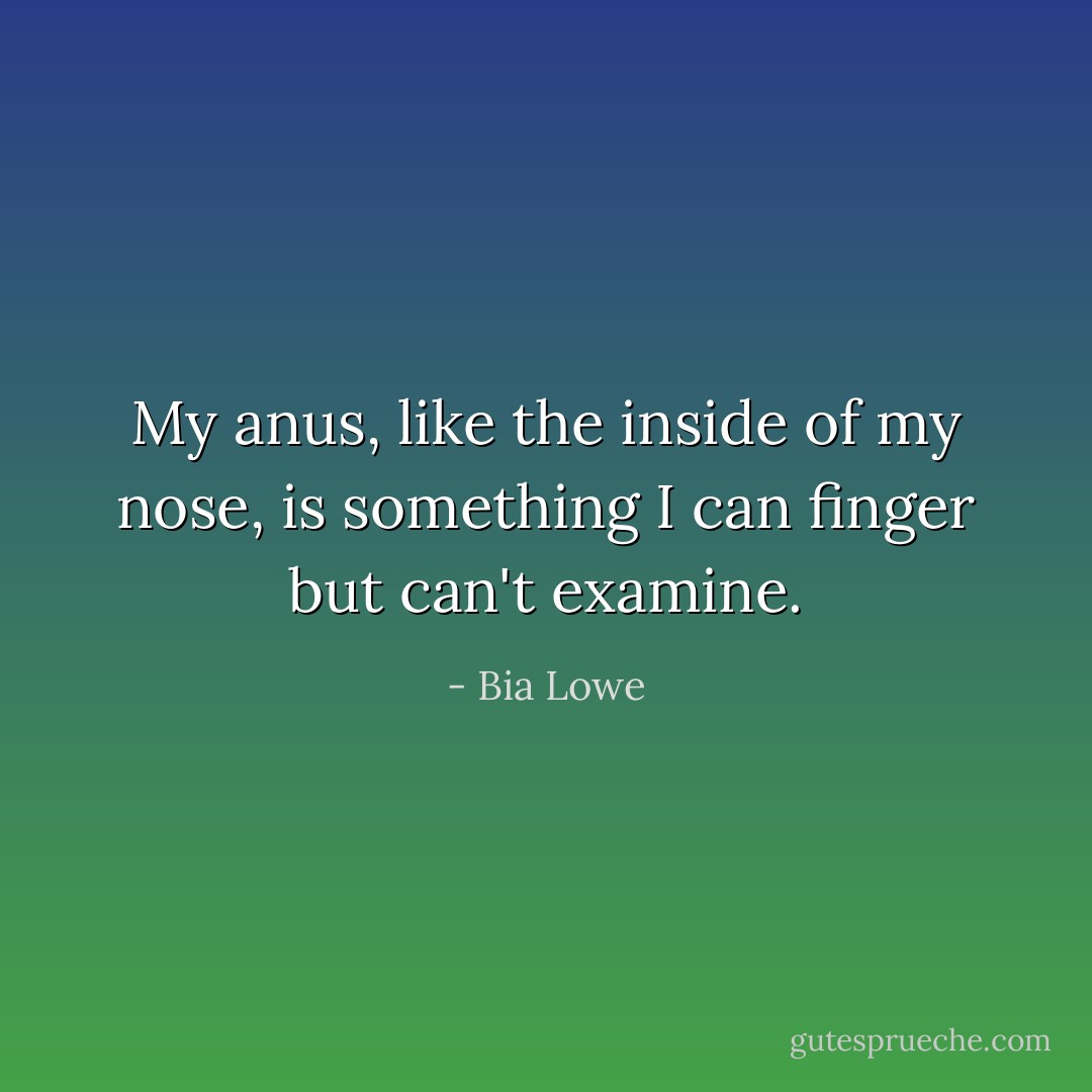 My anus, like the inside of my nose, is something I can finger but can't examine. - Bia Lowe