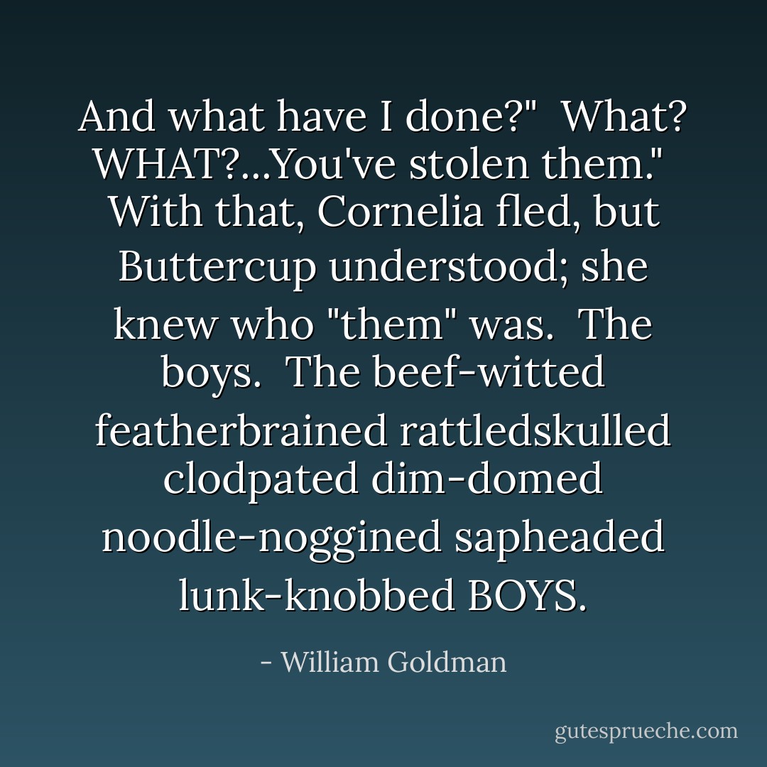 And what have I done?" <br />What? WHAT?...You've stolen them." <br />With that, Cornelia fled, but Buttercup understood; she knew who "them" was. <br />The boys. <br />The beef-witted featherbrained rattledskulled clodpated dim-domed noodle-noggined sapheaded lunk-knobbed BOYS. - William Goldman