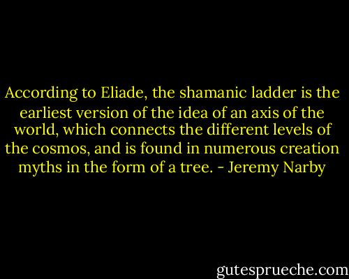 According to Eliade, the shamanic ladder is the earliest version of the idea of an axis of the world, which connects the different levels of the cosmos, and is found in numerous creation myths in the form of a tree. - Jeremy Narby