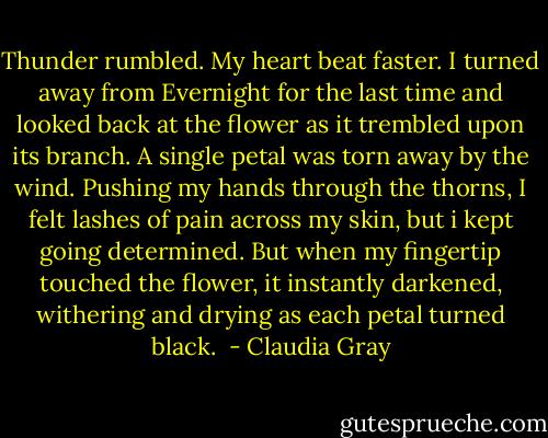Thunder rumbled. My heart beat faster. I turned away from Evernight for the last time and looked back at the flower as it trembled upon its branch. A single petal was torn away by the wind. Pushing my hands through the thorns, I felt lashes of pain across my skin, but i kept going determined.<br />But when my fingertip touched the flower, it instantly darkened, withering and drying as each petal turned black.  - Claudia Gray