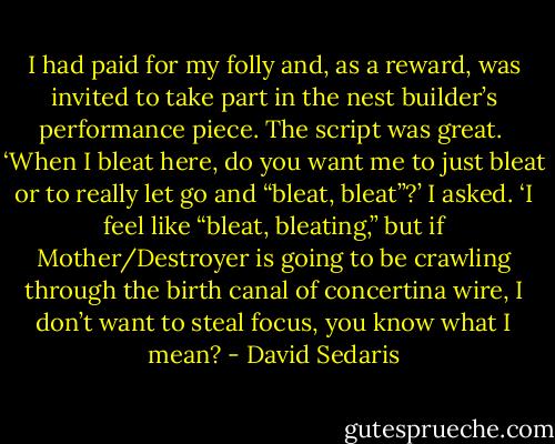 I had paid for my folly and, as a reward, was invited to take part in the nest builder’s performance piece. The script was great.<br /><br />‘When I bleat here, do you want me to just bleat or to really let go and “bleat, bleat”?’ I asked. ‘I feel like “bleat, bleating,” but if Mother/Destroyer is going to be crawling through the birth canal of concertina wire, I don’t want to steal focus, you know what I mean? - David Sedaris