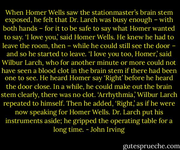 When Homer Wells saw the stationmaster’s brain stem exposed, he felt that Dr. Larch was busy enough – with both hands – for it to be safe to say what Homer wanted to say.<br />‘I love you,’ said Homer Wells. He knew he had to leave the room, then – while he could still see the door – and so he started to leave.<br />‘I love you too, Homer,’ said Wilbur Larch, who for another minute or more could not have seen a blood clot in the brain stem if there had been one to see. He heard Homer say ‘Right’ before he heard the door close.<br />In a while, he could make out the brain stem clearly, there was no clot.<br />‘Arrhythmia,’ Wilbur Larch repeated to himself. Then he added, ‘Right,’ as if he were now speaking for Homer Wells. Dr. Larch put his instruments aside; he gripped the operating table for a long time. - John Irving
