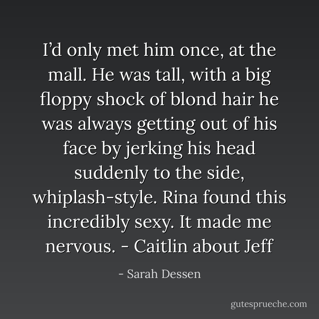 I’d only met him once, at the mall. He was tall, with a big floppy shock of blond hair he was always getting out of his face by jerking his head suddenly to the side, whiplash-style. Rina found this incredibly sexy. It made me nervous. - Caitlin about Jeff - Sarah Dessen