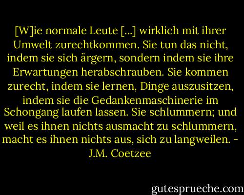 [W]ie normale Leute [...] wirklich mit ihrer Umwelt zurechtkommen. Sie tun das nicht, indem sie sich ärgern, sondern indem sie ihre Erwartungen herabschrauben. Sie kommen zurecht, indem sie lernen, Dinge auszusitzen, indem sie die Gedankenmaschinerie im Schongang laufen lassen. Sie schlummern; und weil es ihnen nichts ausmacht zu schlummern, macht es ihnen nichts aus, sich zu langweilen. - J.M. Coetzee