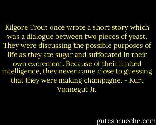 Kilgore Trout once wrote a short story which was a dialogue between two pieces of yeast. They were discussing the possible purposes of life as they ate sugar and suffocated in their own excrement. Because of their limited intelligence, they never came close to guessing that they were making champagne. - Kurt Vonnegut Jr.