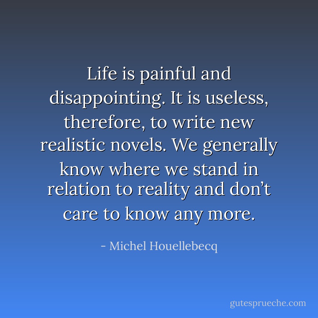 Life is painful and disappointing. It is useless, therefore, to write new realistic novels. We generally know where we stand in relation to reality and don’t care to know any more. - Michel Houellebecq