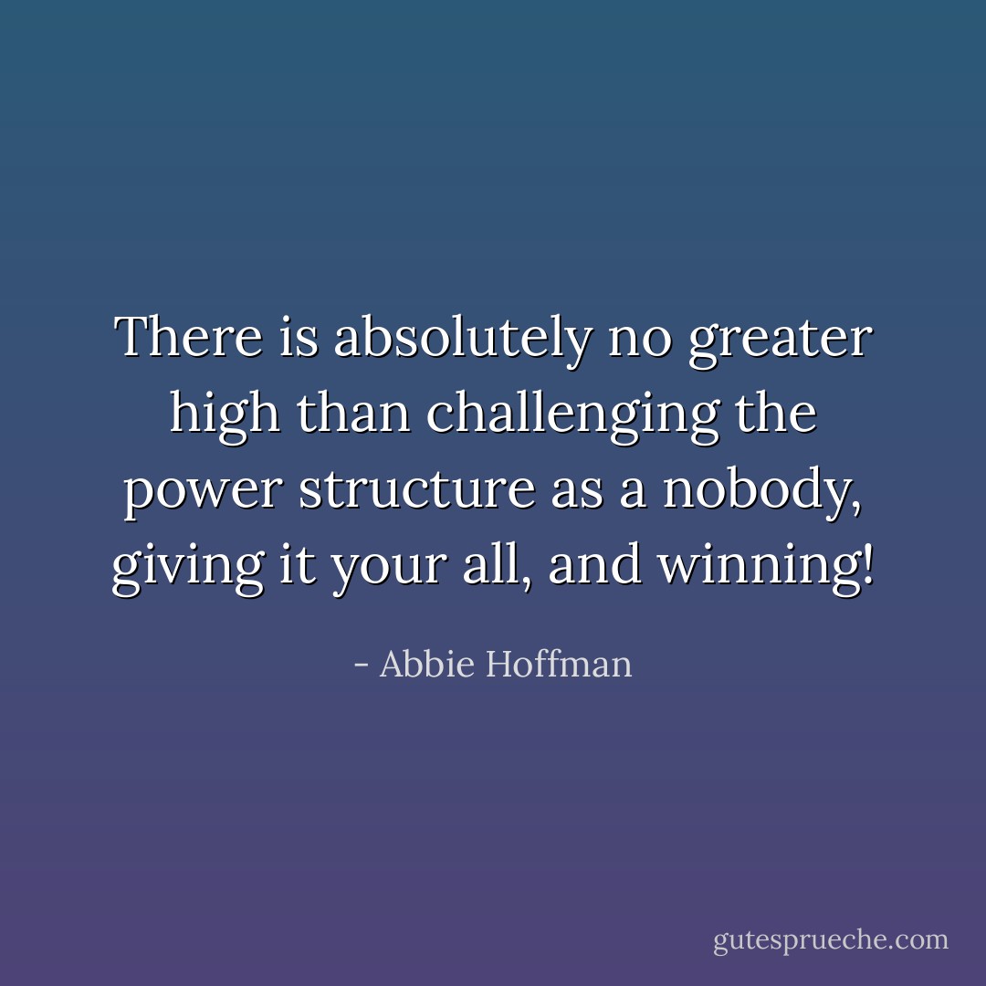 There is absolutely no greater high than challenging the power structure as a nobody, giving it your all, and winning! - Abbie Hoffman