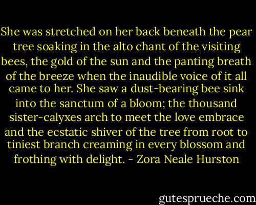 She was stretched on her back beneath the pear tree soaking in the alto chant of the visiting bees, the gold of the sun and the panting breath of the breeze when the inaudible voice of it all came to her. She saw a dust-bearing bee sink into the sanctum of a bloom; the thousand sister-calyxes arch to meet the love embrace and the ecstatic shiver of the tree from root to tiniest branch creaming in every blossom and frothing with delight. - Zora Neale Hurston