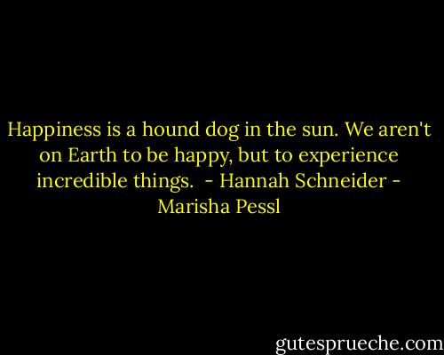 Happiness is a hound dog in the sun. We aren't on Earth to be happy, but to experience incredible things.<br /><br />- Hannah Schneider - Marisha Pessl