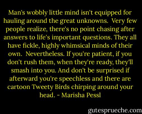 Man's wobbly little mind isn't equipped for hauling around the great unknowns.<br /><br />Very few people realize, there's no point chasing after answers to life's important questions. They all have fickle, highly whimsical minds of their own.<br /><br />Nevertheless. If you're patient, if you don't rush them, when they're ready, they'll smash into you. And don't be surprised if afterward you're speechless and there are cartoon Tweety Birds chirping around your head. - Marisha Pessl