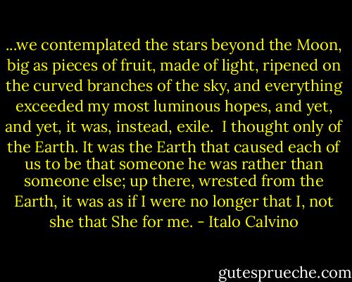 ...we contemplated the stars beyond the Moon, big as pieces of fruit, made of light, ripened on the curved branches of the sky, and everything exceeded my most luminous hopes, and yet, and yet, it was, instead, exile.<br /><br />I thought only of the Earth. It was the Earth that caused each of us to be that someone he was rather than someone else; up there, wrested from the Earth, it was as if I were no longer that I, not she that She for me. - Italo Calvino
