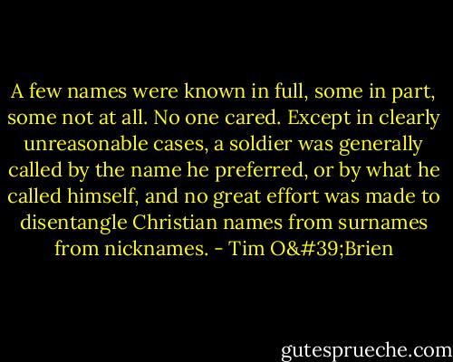 A few names were known in full, some in part, some not at all. No one cared. Except in clearly unreasonable cases, a soldier was generally called by the name he preferred, or by what he called himself, and no great effort was made to disentangle Christian names from surnames from nicknames. - Tim O'Brien