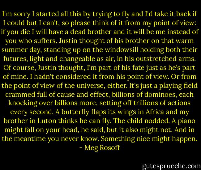 I'm sorry I started all this by trying to fly and I'd take it back if I could but I can't, so please think of it from my point of view: if you die I will have a dead brother and it will be me instead of you who suffers.<br />Justin thought of his brother on that warm summer day, standing up on the windowsill holding both their futures, light and changeable as air, in his outstretched arms.<br />Of course, Justin thought, I'm part of his fate just as he's part of mine. I hadn't considered it from his point of view. Or from the point of view of the universe, either. It's just a playing field crammed full of cause and effect, billions of dominoes, each knocking over billions more, setting off trillions of actions every second. A butterfly flaps its wings in Africa and my brother in Luton thinks he can fly.<br />The child nodded. A piano might fall on your head, he said, but it also might not. And in the meantime you never know. Something nice might happen. - Meg Rosoff