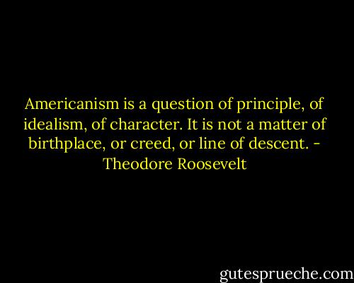 Americanism is a question of principle, of idealism, of character. It is not a matter of birthplace, or creed, or line of descent. - Theodore Roosevelt