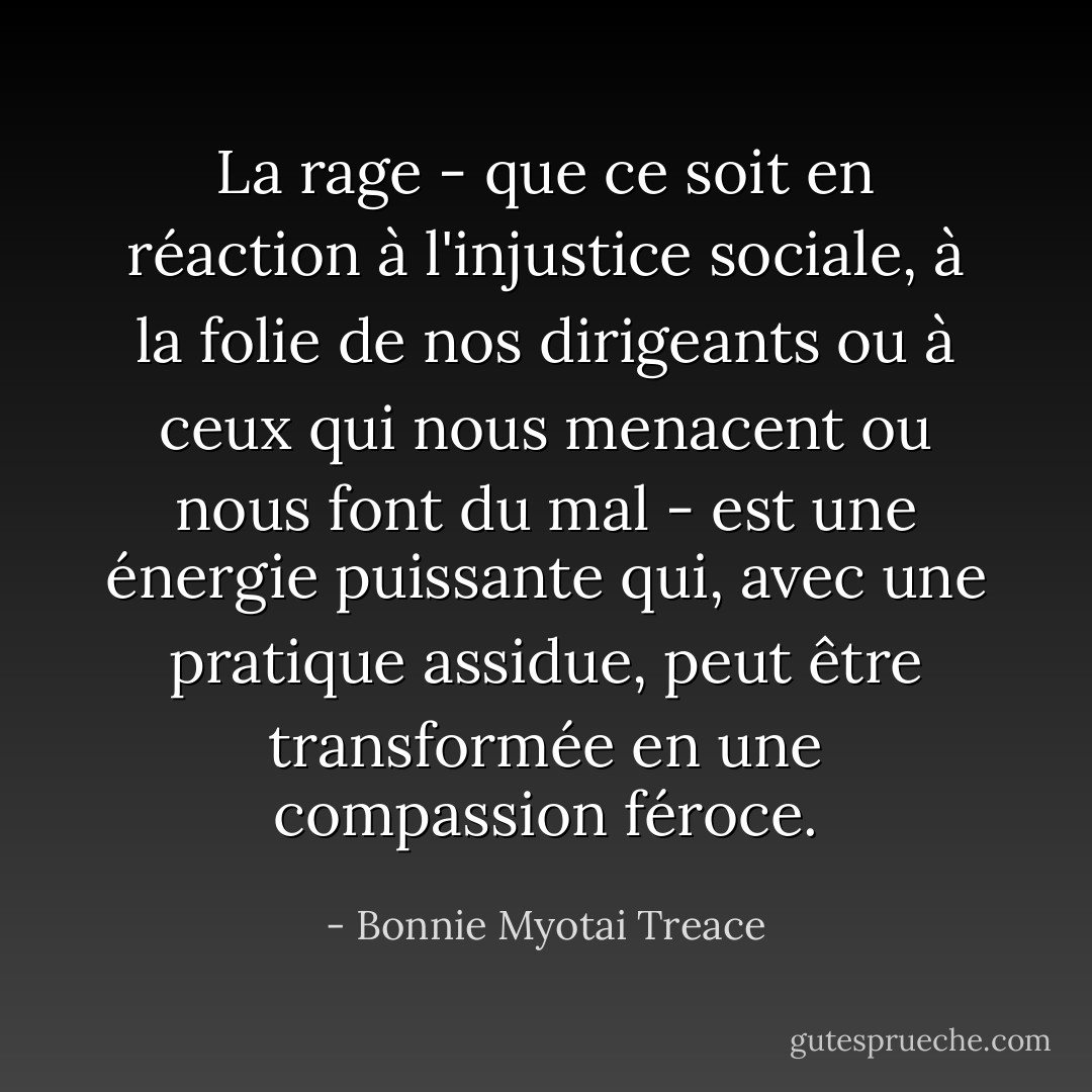 La rage - que ce soit en réaction à l'injustice sociale, à la folie de nos dirigeants ou à ceux qui nous menacent ou nous font du mal - est une énergie puissante qui, avec une pratique assidue, peut être transformée en une compassion féroce. - Bonnie Myotai Treace