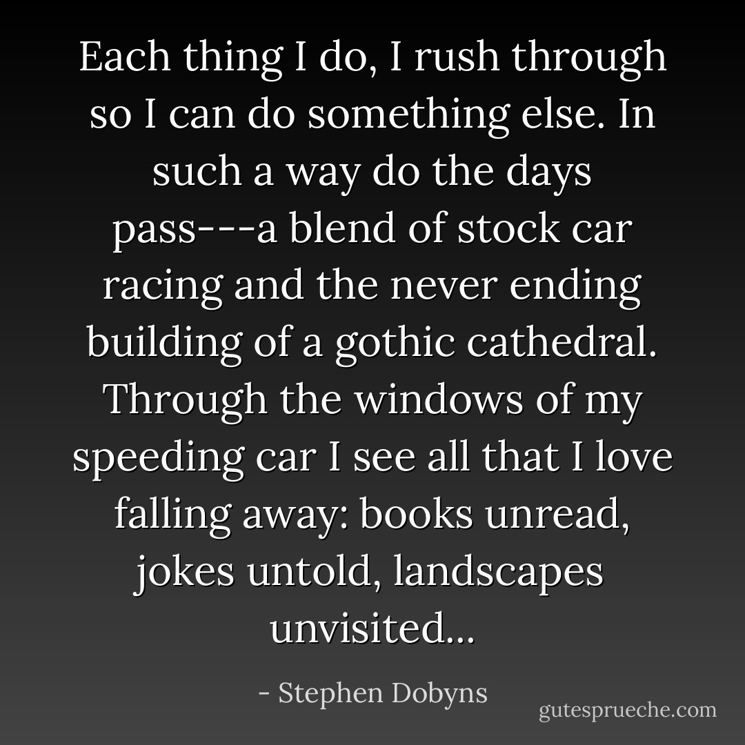 Each thing I do, I rush through so I can do something else. In such a way do the days pass---a blend of stock car racing and the never ending building of a gothic cathedral. Through the windows of my speeding car I see all that I love falling away: books unread, jokes untold, landscapes unvisited... - Stephen Dobyns