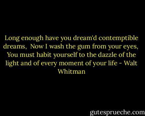 Long enough have you dream'd contemptible dreams, <br />Now I wash the gum from your eyes, <br />You must habit yourself to the dazzle of the light<br />and of every moment of your life - Walt Whitman