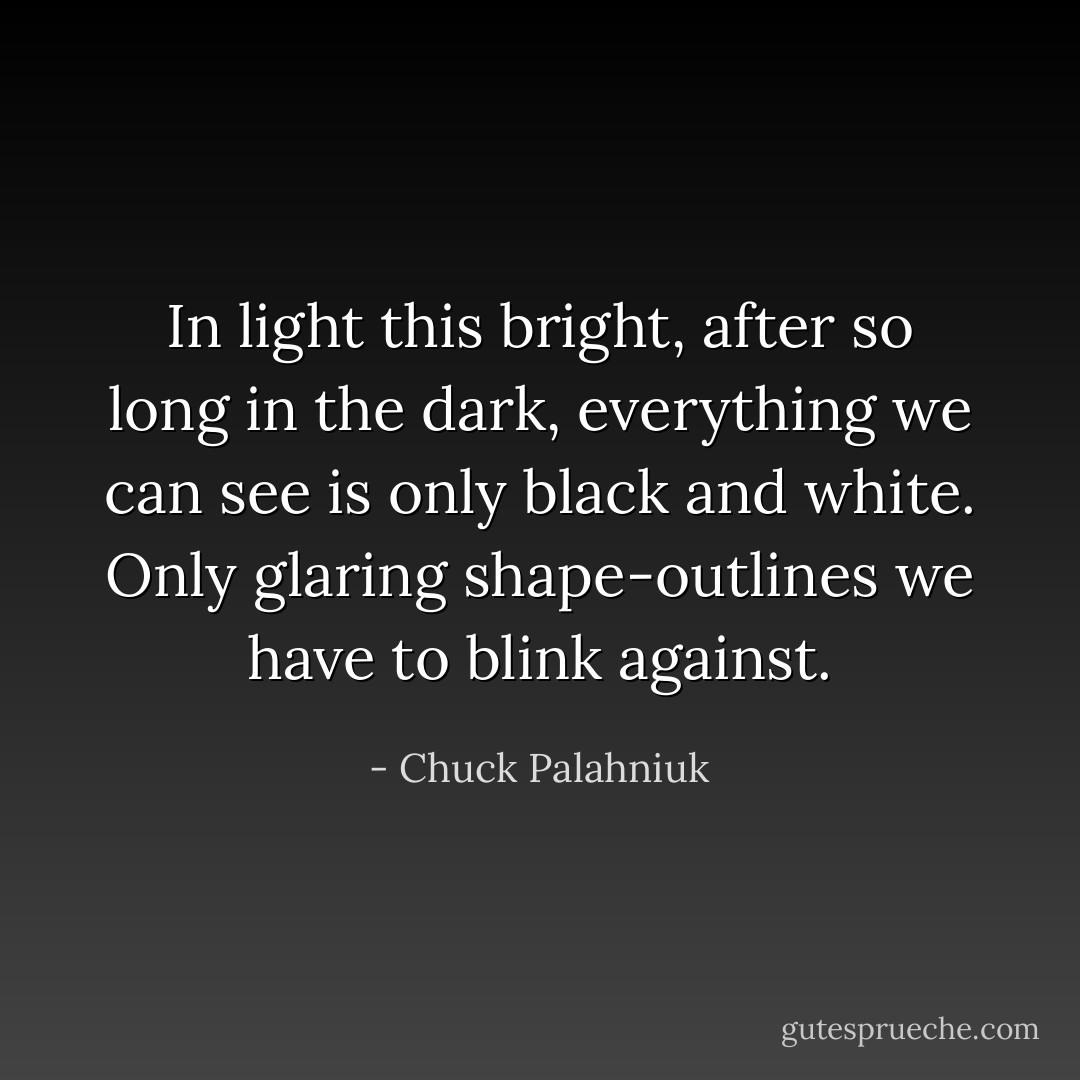 In light this bright, after so long in the dark, everything we can see is only black and white. Only glaring<br />shape-outlines we have to blink against. - Chuck Palahniuk