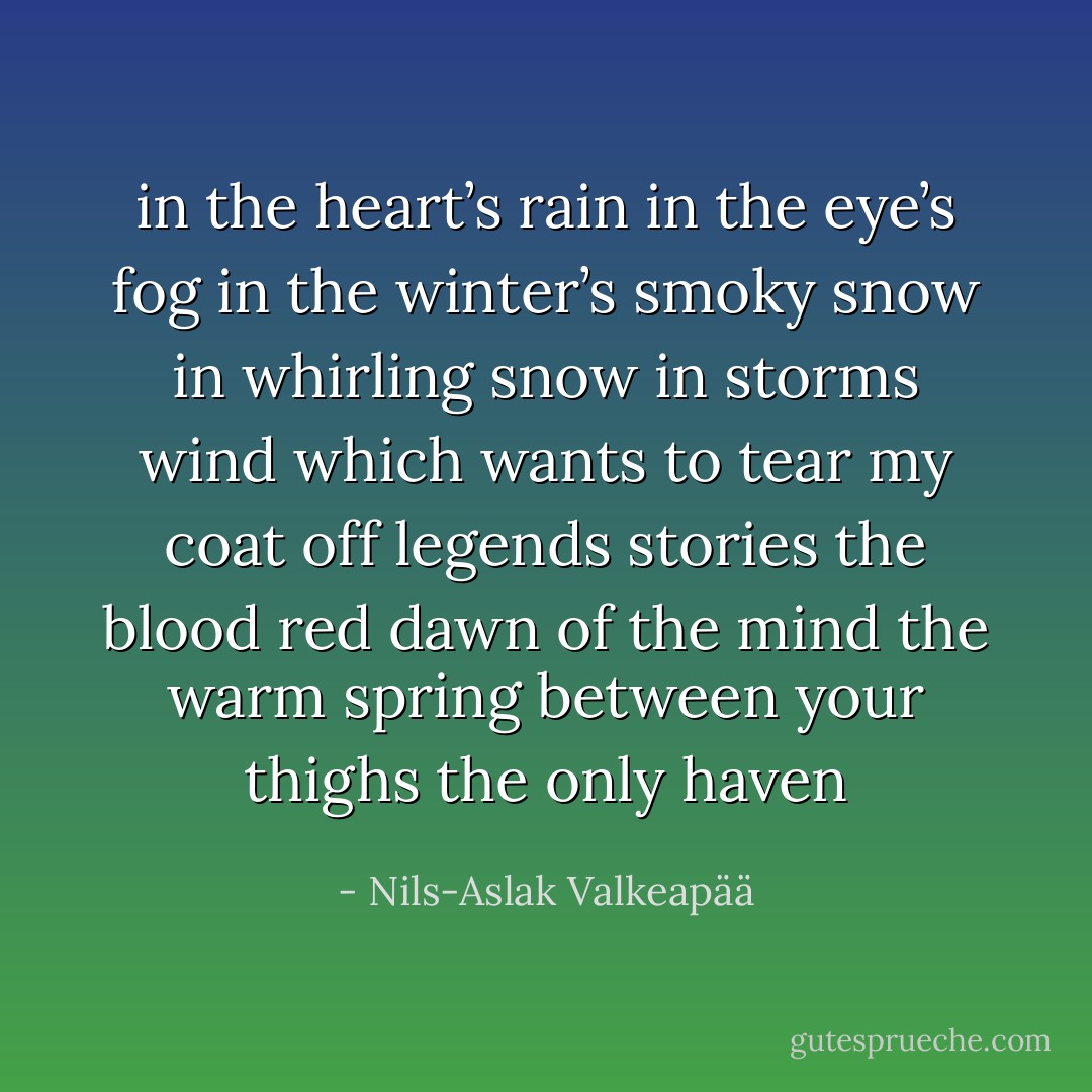 in the heart’s rain<br />in the eye’s fog<br />in the winter’s smoky snow<br />in whirling snow<br />in storms<br />wind which wants to tear my coat off<br />legends stories<br />the blood red dawn of the mind<br />the warm spring between your thighs<br />the only haven - Nils-Aslak Valkeapää