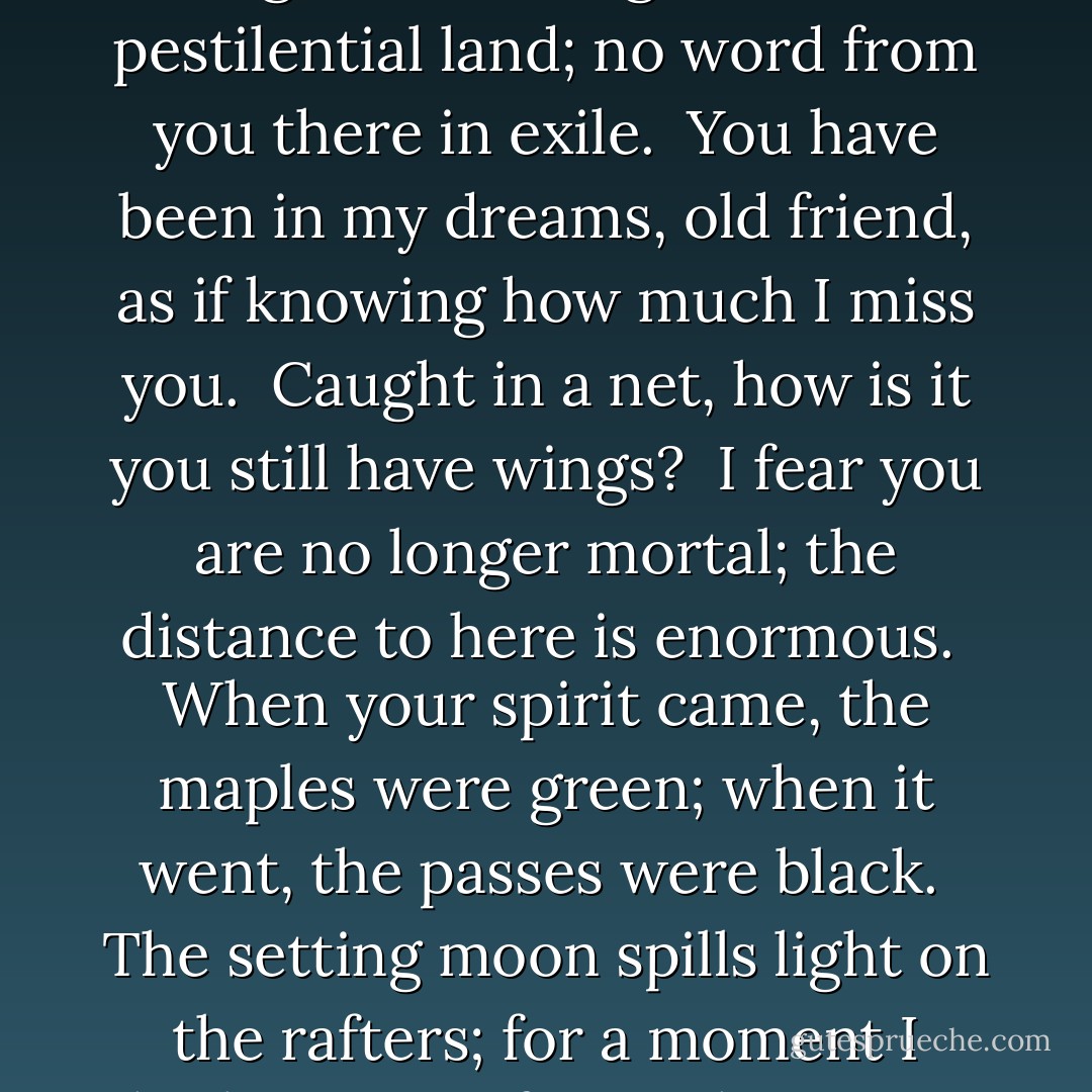 Separation by death must finally be choked down,<br />but separation in life is a long anguish,<br /><br />Chiang-nan is a pestilential land;<br />no word from you there in exile.<br /><br />You have been in my dreams, old friend,<br />as if knowing how much I miss you.<br /><br />Caught in a net,<br />how is it you still have wings?<br /><br />I fear you are no longer mortal;<br />the distance to here is enormous.<br /><br />When your spirit came, the maples were green;<br />when it went, the passes were black.<br /><br />The setting moon spills light on the rafters;<br />for a moment I think it's your face.<br /><br />The waters are deep, the waves wide;<br />don't let the river gods take you.  - Du Fu
