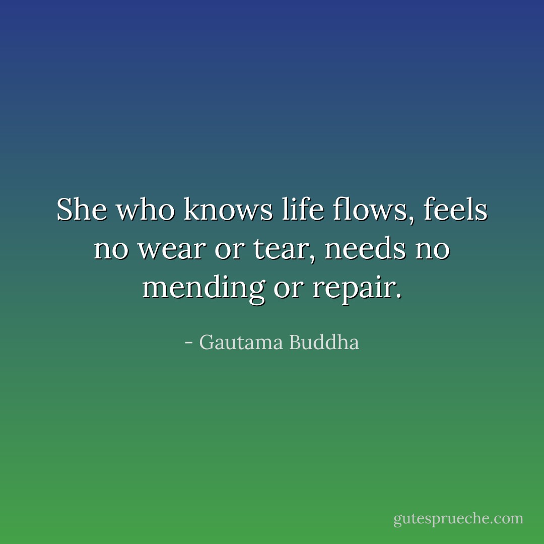 She who knows life flows, feels no wear or tear, needs no mending or repair. - Gautama Buddha
